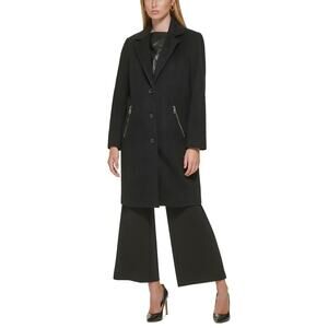 DKNY Black Wool Blend Coat Button-Front Zip-Pocket Walker Faux Leather Trim Sz S